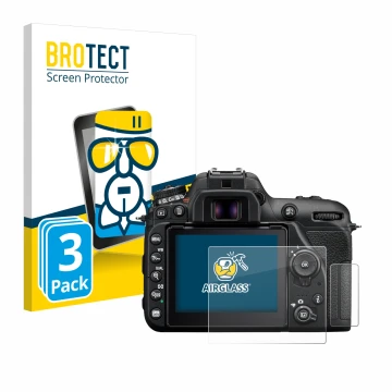 Vorderseite einer Produktverpackung mit dem Markenlogo BROTECT. Daneben ist das Gerät Nikon D7500 mit dem zugehörigen Displays