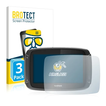 Vorderseite einer Produktverpackung mit dem Markenlogo BROTECT. Daneben ist das Gerät TomTom Rider 450 mit dem zugehörigen Dis