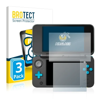 Vorderseite einer Produktverpackung mit dem Markenlogo BROTECT. Daneben ist das Gerät Nintendo 2DS XL mit dem zugehörigen Disp