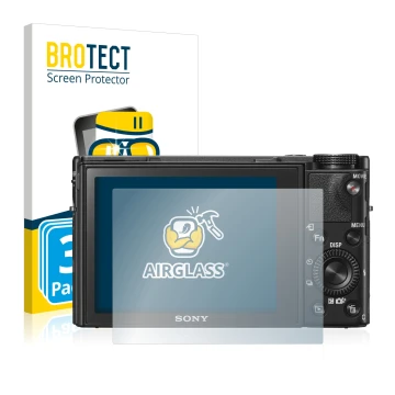 Vorderseite einer Produktverpackung mit dem Markenlogo BROTECT. Daneben ist das Gerät Sony Cyber-Shot DSC-RX100 V mit dem zuge
