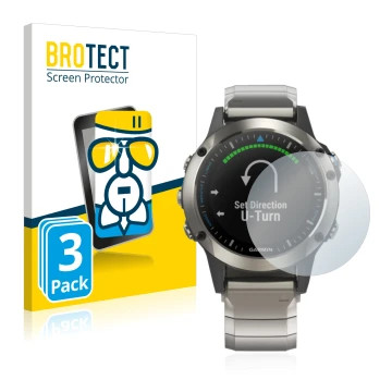 Vorderseite einer Produktverpackung mit dem Markenlogo BROTECT. Daneben ist das Gerät Garmin quatix 5 mit dem zugehörigen Disp