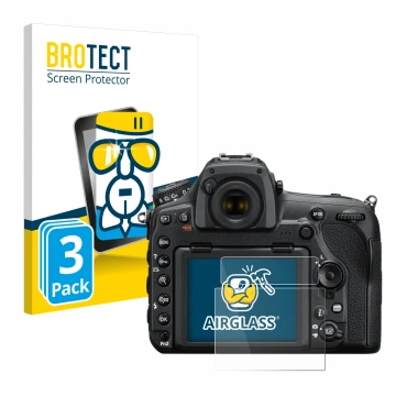 Vorderseite einer Produktverpackung mit dem Markenlogo BROTECT. Daneben ist das Gerät Nikon D850 mit dem zugehörigen Displaysc