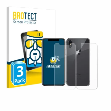Vorderseite einer Produktverpackung mit dem Markenlogo BROTECT. Daneben ist das Gerät Apple iPhone X (Display+Rückseite) mit d