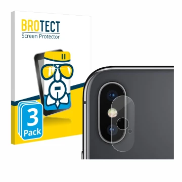 Vorderseite einer Produktverpackung mit dem Markenlogo BROTECT. Daneben ist das Gerät Apple iPhone X (NUR Kameraschutz) mit de