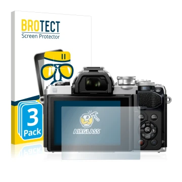 Vorderseite einer Produktverpackung mit dem Markenlogo BROTECT. Daneben ist das Gerät Olympus OM-D E-M10 Mark III mit dem zuge