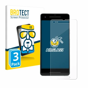 Vorderseite einer Produktverpackung mit dem Markenlogo BROTECT. Daneben ist das Gerät Google Pixel 2 mit dem zugehörigen Displ