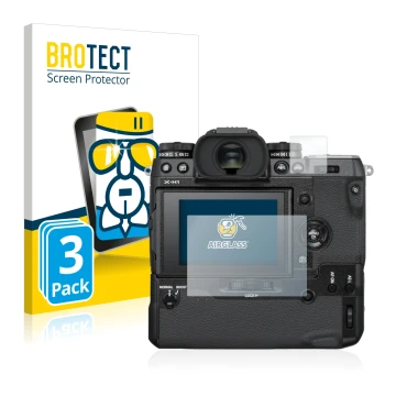 Vorderseite einer Produktverpackung mit dem Markenlogo BROTECT. Daneben ist das Gerät Fujifilm X-H1 mit dem zugehörigen Displa