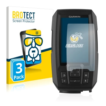 Vorderseite einer Produktverpackung mit dem Markenlogo BROTECT. Daneben ist das Gerät Garmin Striker Plus 4 mit dem zugehörige