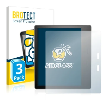 Vorderseite einer Produktverpackung mit dem Markenlogo BROTECT. Daneben ist das Gerät Amazon Kindle Oasis 2017 (9. Gen.) mit d