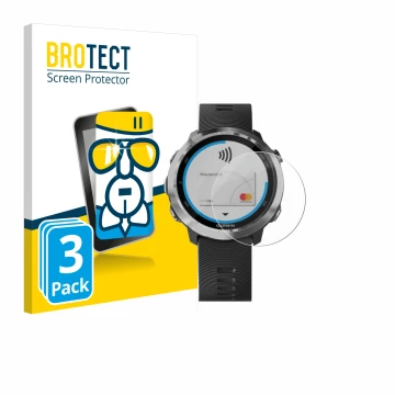 Vorderseite einer Produktverpackung mit dem Markenlogo BROTECT. Daneben ist das Gerät Garmin Forerunner 645 mit dem zugehörige