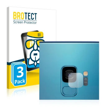 Vorderseite einer Produktverpackung mit dem Markenlogo BROTECT. Daneben ist das Gerät Samsung Galaxy S9 (NUR Kameraschutz) mit