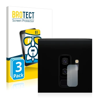 Vorderseite einer Produktverpackung mit dem Markenlogo BROTECT. Daneben ist das Gerät Samsung Galaxy S9 Plus (NUR Kameraschutz