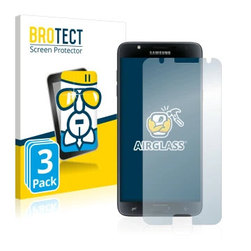 Vorderseite einer Produktverpackung mit dem Markenlogo BROTECT. Daneben ist das Gerät Samsung Galaxy J7 Duo 2018 mit dem zugeh