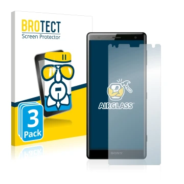 Vorderseite einer Produktverpackung mit dem Markenlogo BROTECT. Daneben ist das Gerät Sony Xperia XZ2 mit dem zugehörigen Disp