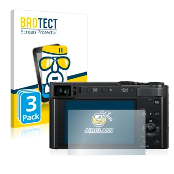 Vorderseite einer Produktverpackung mit dem Markenlogo BROTECT. Daneben ist das Gerät Panasonic Lumix DC-TZ202 mit dem zugehör