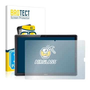 Vorderseite einer Produktverpackung mit dem Markenlogo BROTECT. Daneben ist das Gerät Huawei MediaPad M5 10.8 mit dem zugehöri