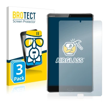 Vorderseite einer Produktverpackung mit dem Markenlogo BROTECT. Daneben ist das Gerät Huawei MediaPad M5 8.4 mit dem zugehörig