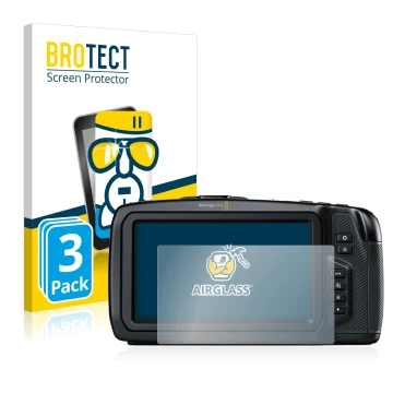 Vorderseite einer Produktverpackung mit dem Markenlogo BROTECT. Daneben ist das Gerät Blackmagic Pocket Cinema Camera 4K mit d