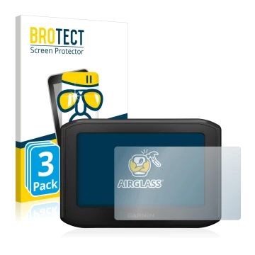 Vorderseite einer Produktverpackung mit dem Markenlogo BROTECT. Daneben ist das Gerät Garmin zumo 396 LMT-S mit dem zugehörige