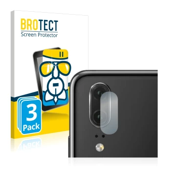 Vorderseite einer Produktverpackung mit dem Markenlogo BROTECT. Daneben ist das Gerät Huawei P20 (NUR Kameraschutz) mit dem zu