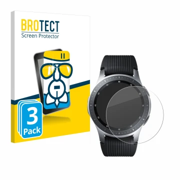 Vorderseite einer Produktverpackung mit dem Markenlogo BROTECT. Daneben ist das Gerät Samsung Galaxy Watch (46 mm) mit dem zug