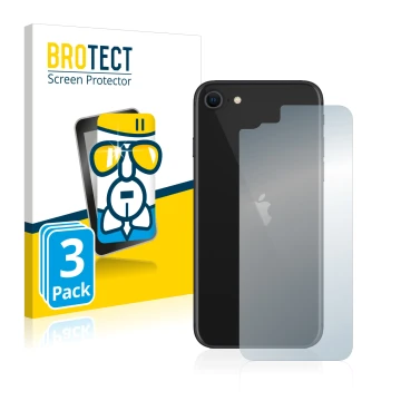 Vorderseite einer Produktverpackung mit dem Markenlogo BROTECT. Daneben ist das Gerät Apple iPhone SE 2 2020 (Rückseite) mit d