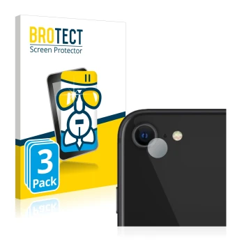 Vorderseite einer Produktverpackung mit dem Markenlogo BROTECT. Daneben ist das Gerät Apple iPhone SE 2 2020 (NUR Kameraschutz