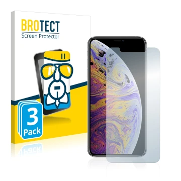 Vorderseite einer Produktverpackung mit dem Markenlogo BROTECT. Daneben ist das Gerät Apple iPhone Xs Max mit dem zugehörigen 