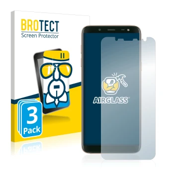 Vorderseite einer Produktverpackung mit dem Markenlogo BROTECT. Daneben ist das Gerät Samsung Galaxy J6 2018 mit dem zugehörig