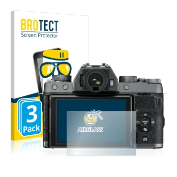 Vorderseite einer Produktverpackung mit dem Markenlogo BROTECT. Daneben ist das Gerät Fujifilm X-T100 mit dem zugehörigen Disp