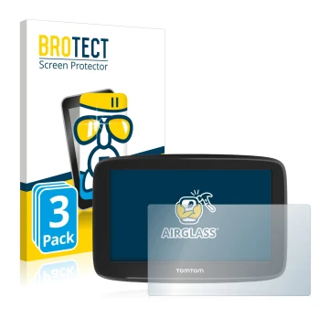 Vorderseite einer Produktverpackung mit dem Markenlogo BROTECT. Daneben ist das Gerät TomTom GO Basic 5