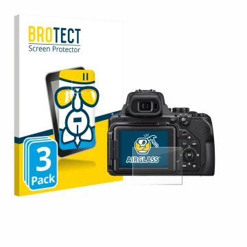 Vorderseite einer Produktverpackung mit dem Markenlogo BROTECT. Daneben ist das Gerät Nikon Coolpix P1000 mit dem zugehörigen 