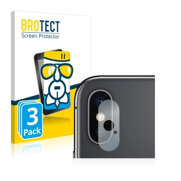 Vorderseite einer Produktverpackung mit dem Markenlogo BROTECT. Daneben ist das Gerät Apple iPhone Xs (NUR Kameraschutz) mit d