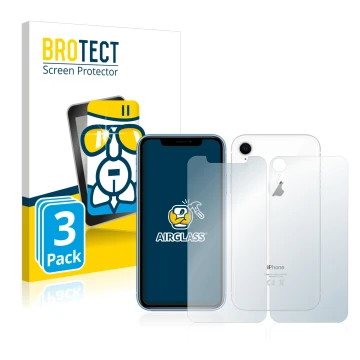 Vorderseite einer Produktverpackung mit dem Markenlogo BROTECT. Daneben ist das Gerät Apple iPhone XR (Display+Rückseite) mit 