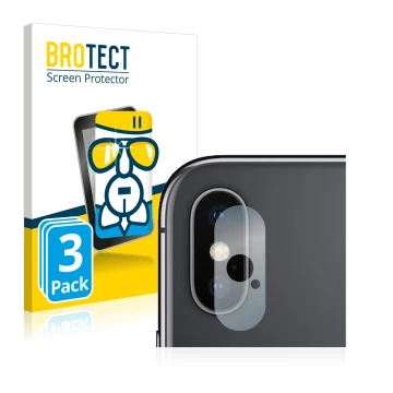 Vorderseite einer Produktverpackung mit dem Markenlogo BROTECT. Daneben ist das Gerät Apple iPhone Xs Max (NUR Kameraschutz) m