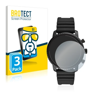 Vorderseite einer Produktverpackung mit dem Markenlogo BROTECT. Daneben ist das Gerät Fossil Q Explorist HR (4.Gen) mit dem zu