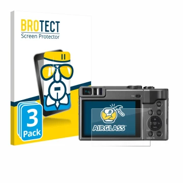 Vorderseite einer Produktverpackung mit dem Markenlogo BROTECT. Daneben ist das Gerät Panasonic Lumix DC-TZ90 mit dem zugehöri