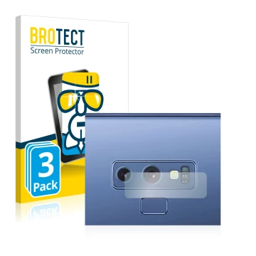 Vorderseite einer Produktverpackung mit dem Markenlogo BROTECT. Daneben ist das Gerät Samsung Galaxy Note 9 (NUR Kameraschutz)