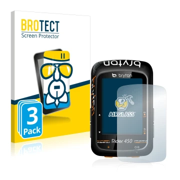 Vorderseite einer Produktverpackung mit dem Markenlogo BROTECT. Daneben ist das Gerät Bryton Rider 450 mit dem zugehörigen Dis