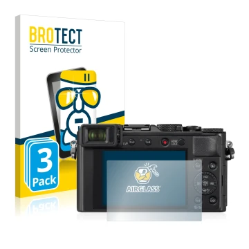 Vorderseite einer Produktverpackung mit dem Markenlogo BROTECT. Daneben ist das Gerät Panasonic Lumix DC-LX100 II mit dem zuge