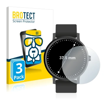 Vorderseite einer Produktverpackung mit dem Markenlogo BROTECT. Daneben ist das Gerät Armbanduhren (Kreisrund, ø: 37.5 mm) mit