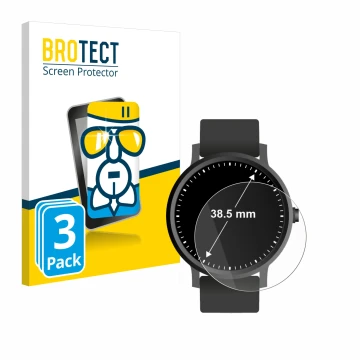 Vorderseite einer Produktverpackung mit dem Markenlogo BROTECT. Daneben ist das Gerät Armbanduhren (Kreisrund, ø: 38.5 mm) mit