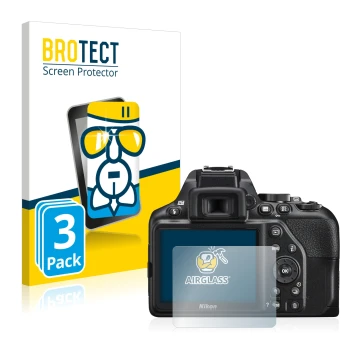 Vorderseite einer Produktverpackung mit dem Markenlogo BROTECT. Daneben ist das Gerät Nikon D3500 mit dem zugehörigen Displays