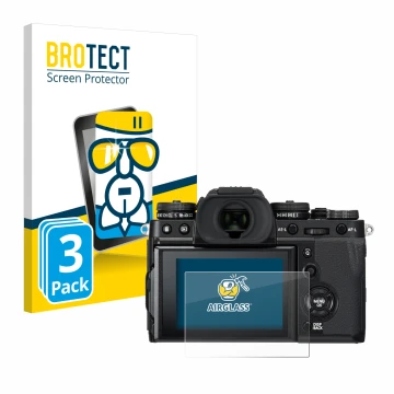 Vorderseite einer Produktverpackung mit dem Markenlogo BROTECT. Daneben ist das Gerät Fujifilm X-T3 mit dem zugehörigen Displa