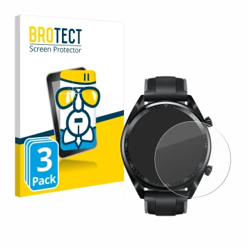 Vorderseite einer Produktverpackung mit dem Markenlogo BROTECT. Daneben ist das Gerät Huawei Watch GT (46 mm) 2018 mit dem zug