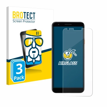 Vorderseite einer Produktverpackung mit dem Markenlogo BROTECT. Daneben ist das Gerät Google Pixel 3a mit dem zugehörigen Disp