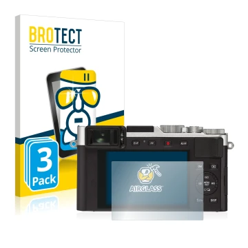 Vorderseite einer Produktverpackung mit dem Markenlogo BROTECT. Daneben ist das Gerät Leica D-Lux 7 mit dem zugehörigen Displa