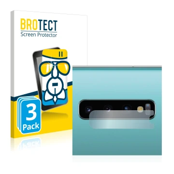 Vorderseite einer Produktverpackung mit dem Markenlogo BROTECT. Daneben ist das Gerät Samsung Galaxy S10 Plus (NUR Kameraschut