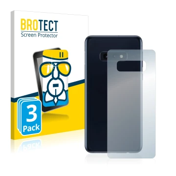 Vorderseite einer Produktverpackung mit dem Markenlogo BROTECT. Daneben ist das Gerät Samsung Galaxy S10e (Rückseite) mit dem 