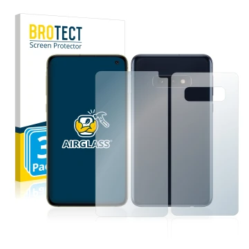 Vorderseite einer Produktverpackung mit dem Markenlogo BROTECT. Daneben ist das Gerät Samsung Galaxy S10e (Display+Rückseite) 